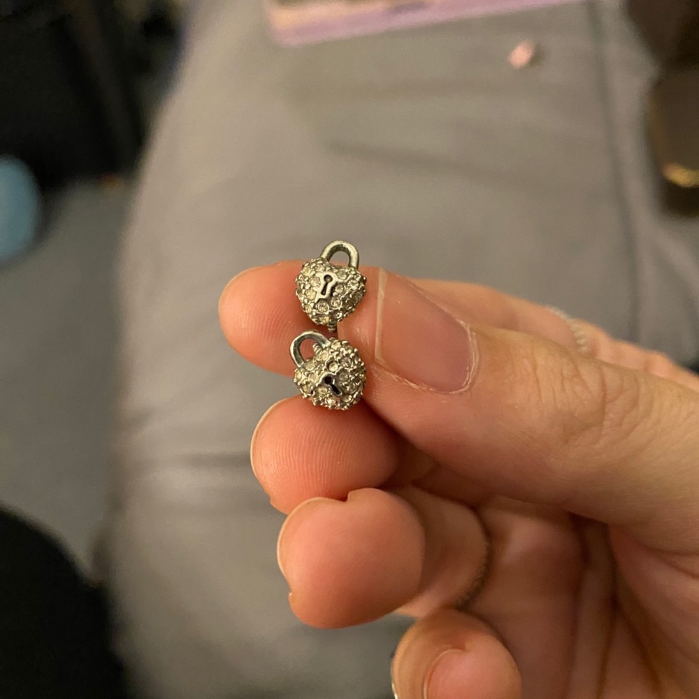 Silver Rhinestone Heart Lock Studs